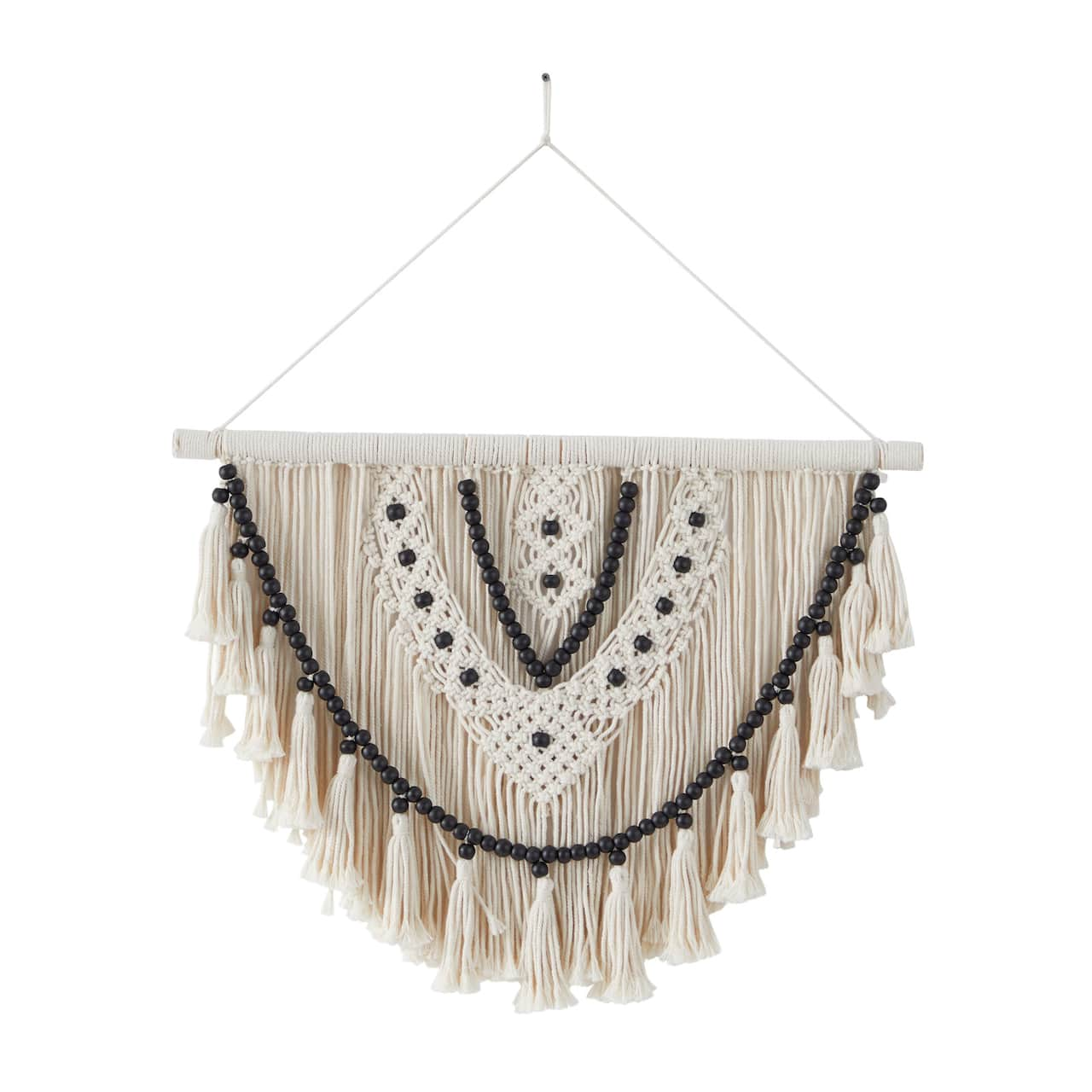 White Cotton Handmade Intricately Weaved Macrame Wall Decor with Beaded Fringe Tassels 28&#x22; x 1&#x22; x 32&#x22;